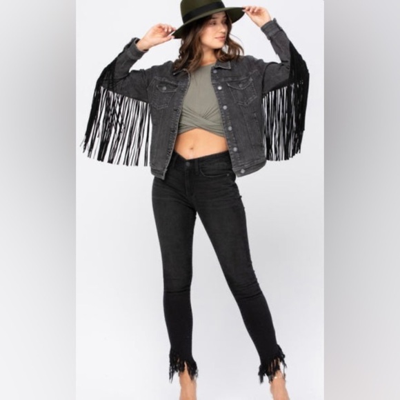 Judy Blue Jackets & Blazers - Judy Blue Black Gray Fringe Denim Jacket